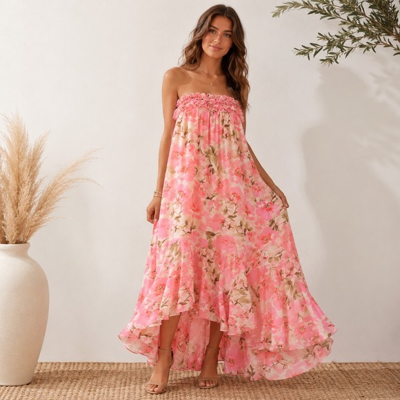 Misa Los Angeles Dresses & Skirts - NWT MISA Los Angeles Women's L Maxi Dress Pink Floral Strapless Ruffle High Low